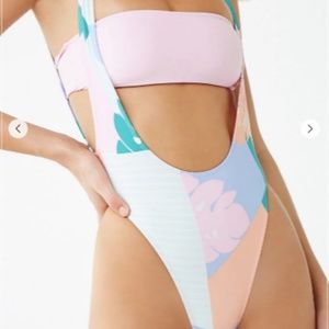 Bandeau & Leaf Print One-Piece Swimsuit Set